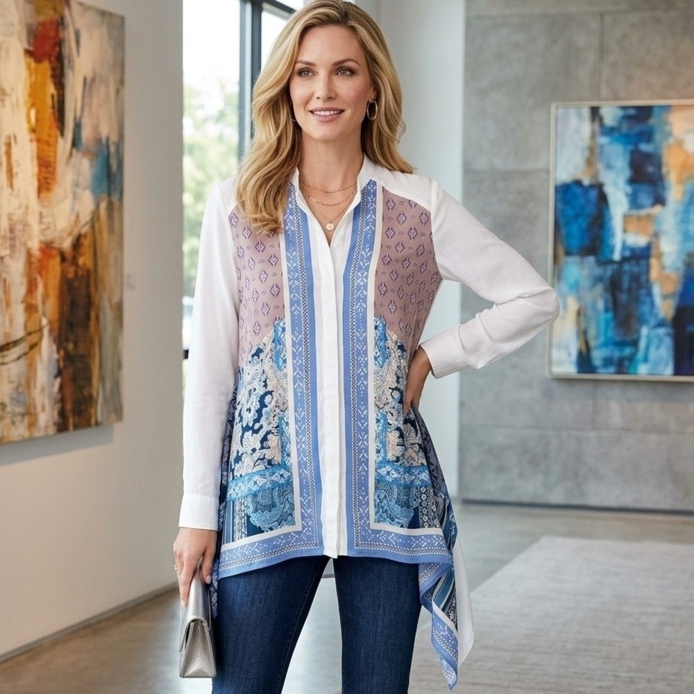 Chicos Womens M Button Down Blouse Scarf Print White Blue Paisley Patchwork Boho